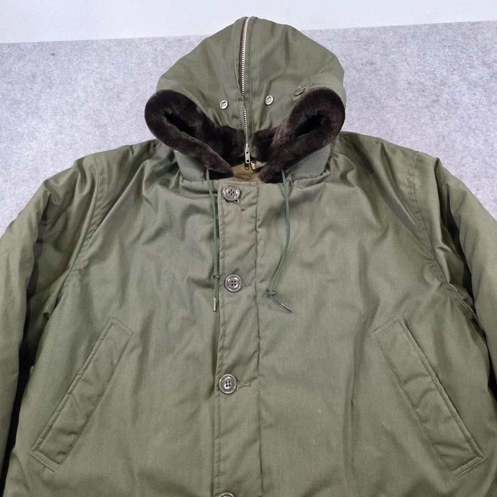 VTG LL Bean Parka Coat Mens 44 Green Hooded Canvas Fur Lined Insulated Military